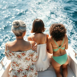 Three women representing three generations on a boat, viewed from the back
