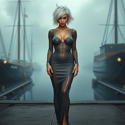A full body view of a 19-year-old woman with messy white hair, centrally positioned in the image