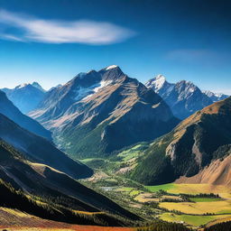 This is a high-resolution digital photograph capturing a vibrant valley and majestic mountains under a clear blue sky