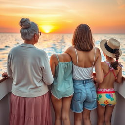 Three women of different ages on a boat, viewed from the back