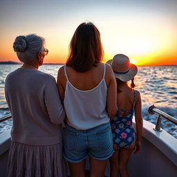 Three women of different ages on a boat, viewed from the back