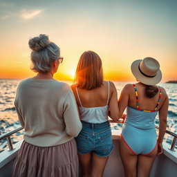 Three women of different ages on a boat, viewed from the back