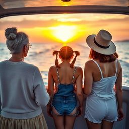 Three women of different ages on a boat, viewed from the back