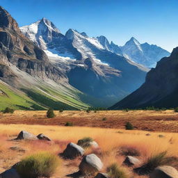 This is a high-resolution digital photograph capturing a vibrant valley and majestic mountains under a clear blue sky