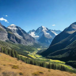 This is a high-resolution digital photograph capturing a vibrant valley and majestic mountains under a clear blue sky