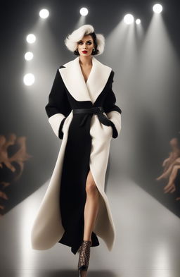 A full body shot of a modern Cruella de Ville type woman in her mid-20s, commanding a high-end fashion runway