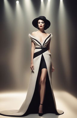 A full body shot of a modern Cruella de Ville type woman in her mid-20s, commanding a high-end fashion runway