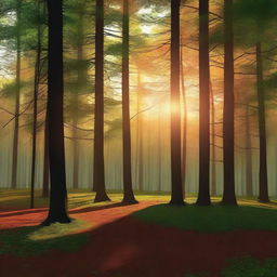 A high-quality digital art image depicting a forest at sunset