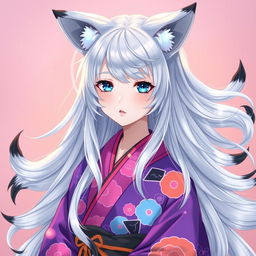 A young woman with flowing silver hair and six magnificent silver tails, each adorned with black tips