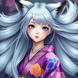 A young woman with flowing silver hair and six magnificent silver tails, each adorned with black tips