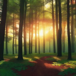 A high-quality digital art image depicting a forest at sunset