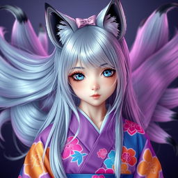 A young woman with flowing silver hair and six magnificent silver tails, each adorned with black tips