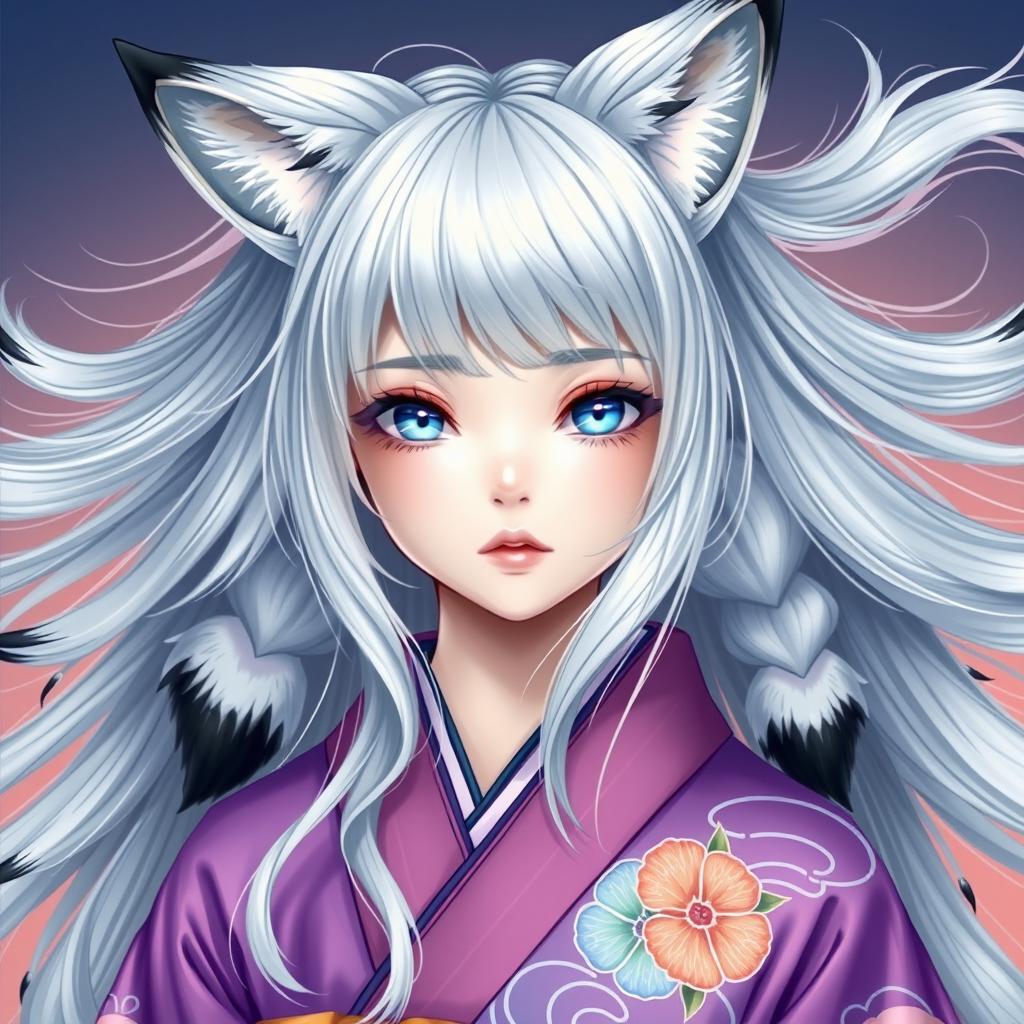 A young woman with flowing silver hair and six magnificent silver tails, each adorned with black tips
