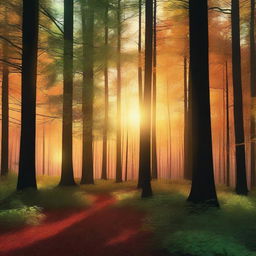 A high-quality digital art image depicting a forest at sunset