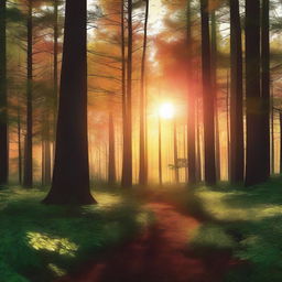 A high-quality digital art image depicting a forest at sunset