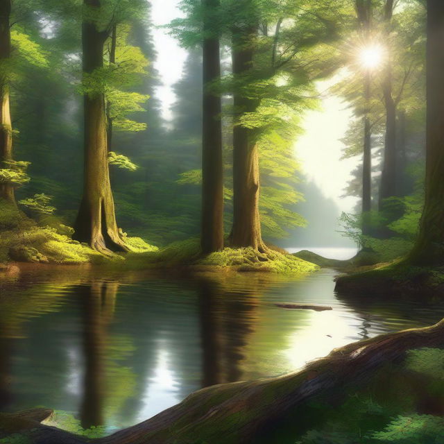 A detailed digital art image of a forest landscape, featuring towering trees, a forest floor covered in moss and leaves, and a serene lake in the distance