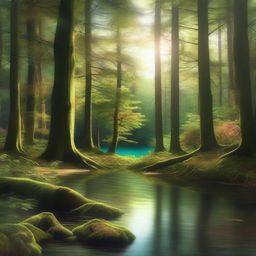 A detailed digital art image of a forest landscape, featuring towering trees, a forest floor covered in moss and leaves, and a serene lake in the distance