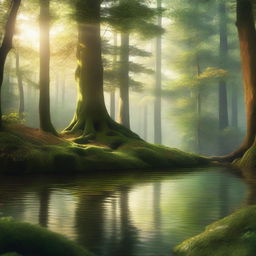 A detailed digital art image of a forest landscape, featuring towering trees, a forest floor covered in moss and leaves, and a serene lake in the distance