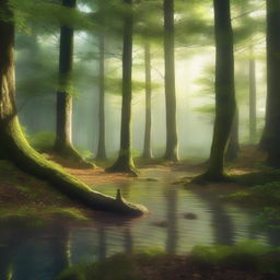 A detailed digital art image of a forest landscape, featuring towering trees, a forest floor covered in moss and leaves, and a serene lake in the distance