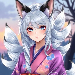 A young woman with shimmering silver hair and six elegant silver tails, each adorned with black tips