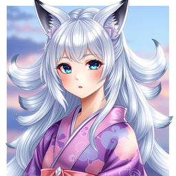 A young woman with shimmering silver hair and six elegant silver tails, each adorned with black tips