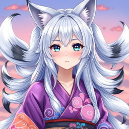 A young woman with shimmering silver hair and six elegant silver tails, each adorned with black tips