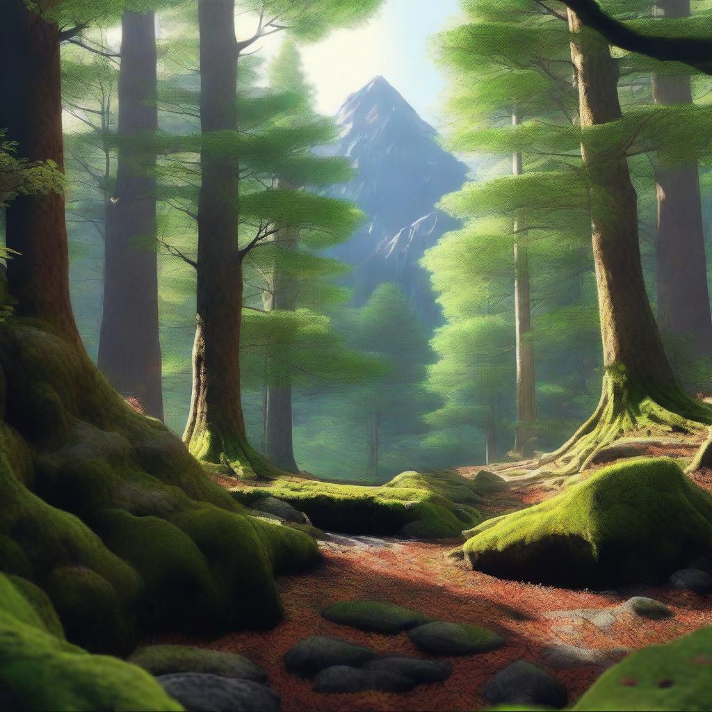 A detailed digital art image of a mountain forest, featuring towering trees, a forest floor covered in moss and leaves, and majestic mountains in the background