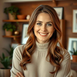A woman aged between 30 and 35 years, with chestnut brown hair and a European appearance, dressed in a stylish and comfortable sweater