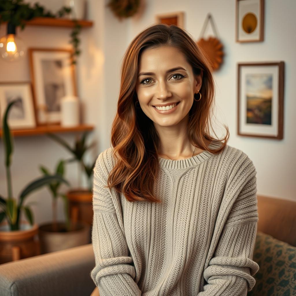 A woman aged between 30 and 35 years, with chestnut brown hair and a European appearance, dressed in a stylish and comfortable sweater