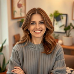 A woman aged between 30 and 35 years, with chestnut brown hair and a European appearance, dressed in a stylish and comfortable sweater