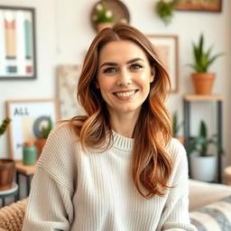A woman aged between 30 and 35 years, with chestnut brown hair and a European appearance, dressed in a stylish and comfortable sweater