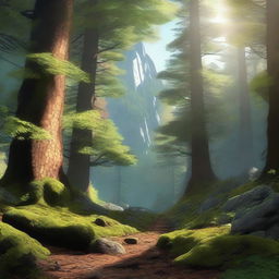 A detailed digital art image of a mountain forest, featuring towering trees, a forest floor covered in moss and leaves, and majestic mountains in the background