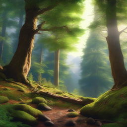 A detailed digital art image of a mountain forest, featuring towering trees, a forest floor covered in moss and leaves, and majestic mountains in the background