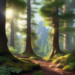 A detailed digital art image of a mountain forest, featuring towering trees, a forest floor covered in moss and leaves, and majestic mountains in the background