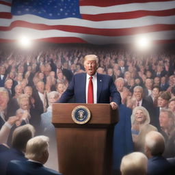 A high-quality digital art image depicting the scene of an election night, with Donald Trump standing victorious at a podium in a grand hall, surrounded by a crowd of cheering supporters