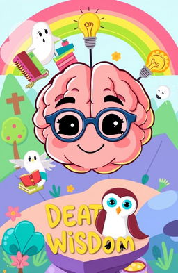 A colorful and playful cartoon illustration representing the symbolism of a brain, death, and wisdom in a whimsical way suitable for children