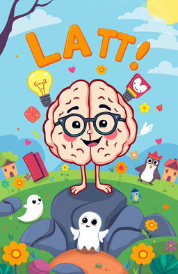 A colorful and playful cartoon illustration representing the symbolism of a brain, death, and wisdom in a whimsical way suitable for children