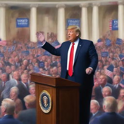 A high-quality digital art image depicting the scene of an election night, with Donald Trump standing victorious at a podium in a grand hall, surrounded by a crowd of cheering supporters