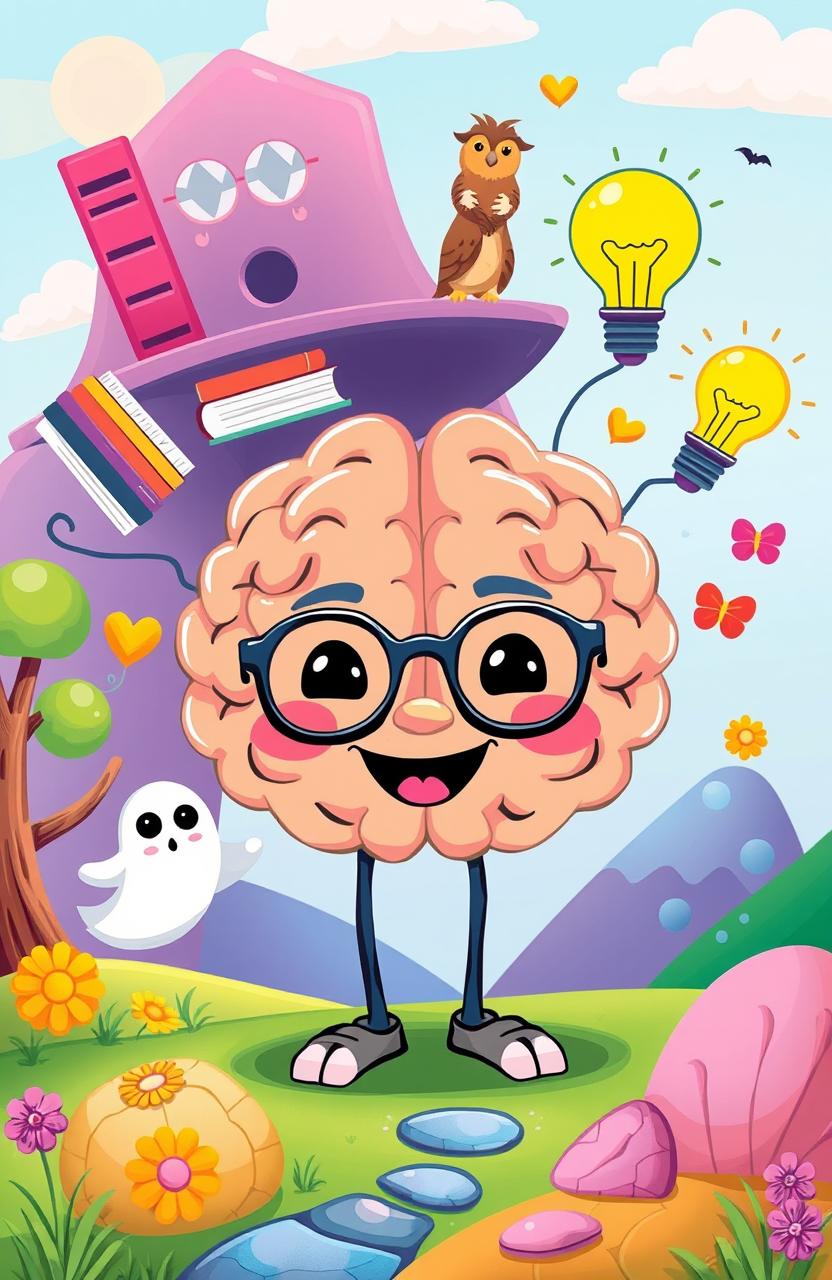 A colorful and playful cartoon illustration representing the symbolism of a brain, death, and wisdom in a whimsical way suitable for children