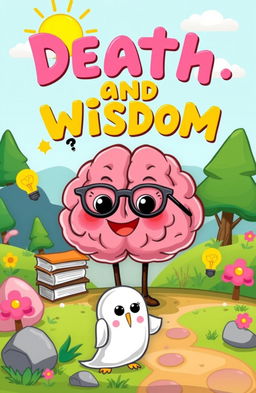 A colorful and playful cartoon illustration representing the symbolism of a brain, death, and wisdom in a whimsical way suitable for children
