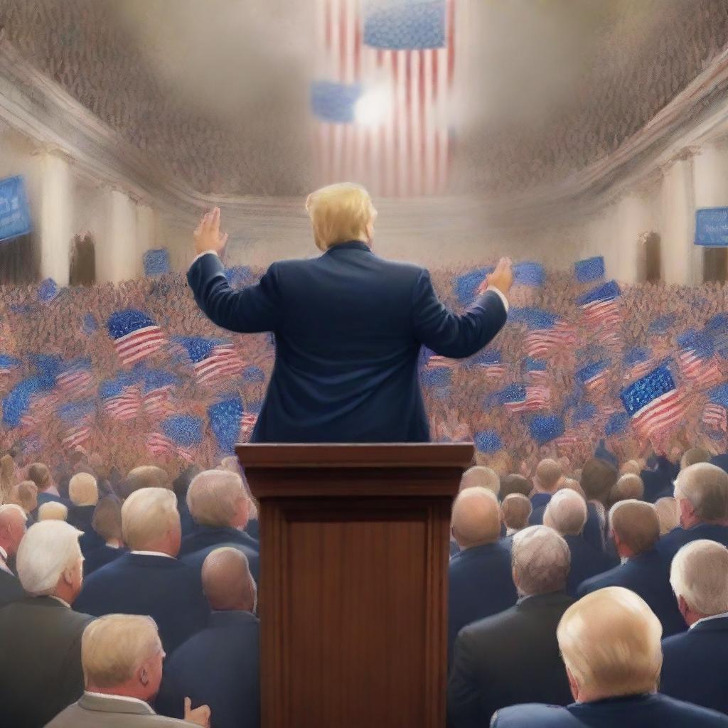 A high-quality digital art image depicting the scene of an election night, with Donald Trump standing victorious at a podium in a grand hall, surrounded by a crowd of cheering supporters