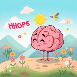 A playful and colorful cartoon illustration on A4 landscape depicting the symbolism of brain death and hope in a whimsical manner