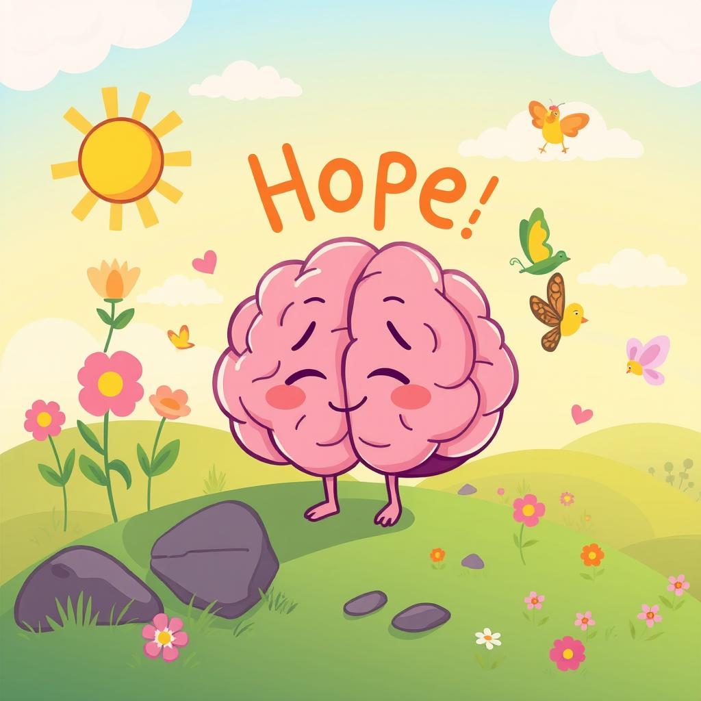 A playful and colorful cartoon illustration on A4 landscape depicting the symbolism of brain death and hope in a whimsical manner
