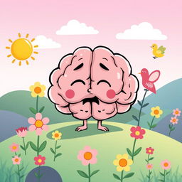 A playful and colorful cartoon illustration on A4 landscape depicting the symbolism of brain death and hope in a whimsical manner