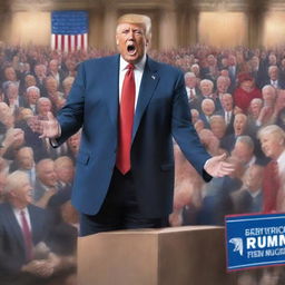 A high-quality digital art image depicting the scene of an election night, with Donald Trump standing victorious at a podium in a grand hall, surrounded by a crowd of cheering supporters