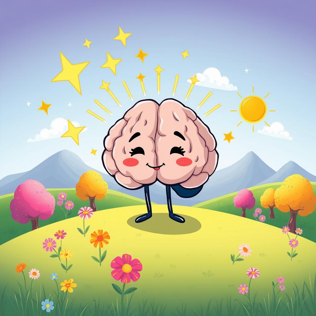 A vibrant and whimsical cartoon illustration on A4 landscape size and orientation, showcasing the symbolism of brain death intertwined with hope