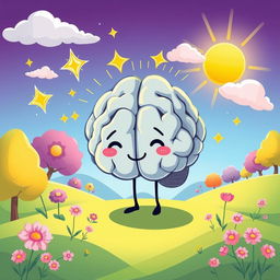 A vibrant and whimsical cartoon illustration on A4 landscape size and orientation, showcasing the symbolism of brain death intertwined with hope