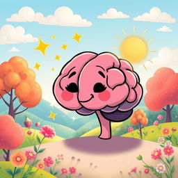 A vibrant and whimsical cartoon illustration on A4 landscape size and orientation, showcasing the symbolism of brain death intertwined with hope