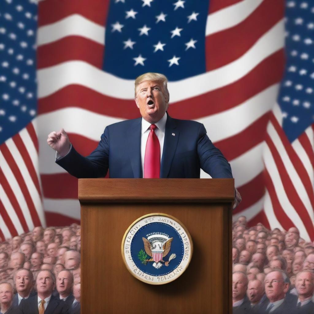 A high-quality, 3D rendered image of Donald Trump giving a legendary speech