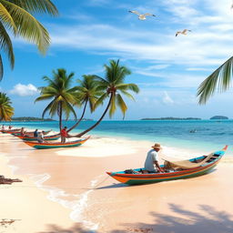 A serene shoreline scene in the Philippines depicting traditional fishing